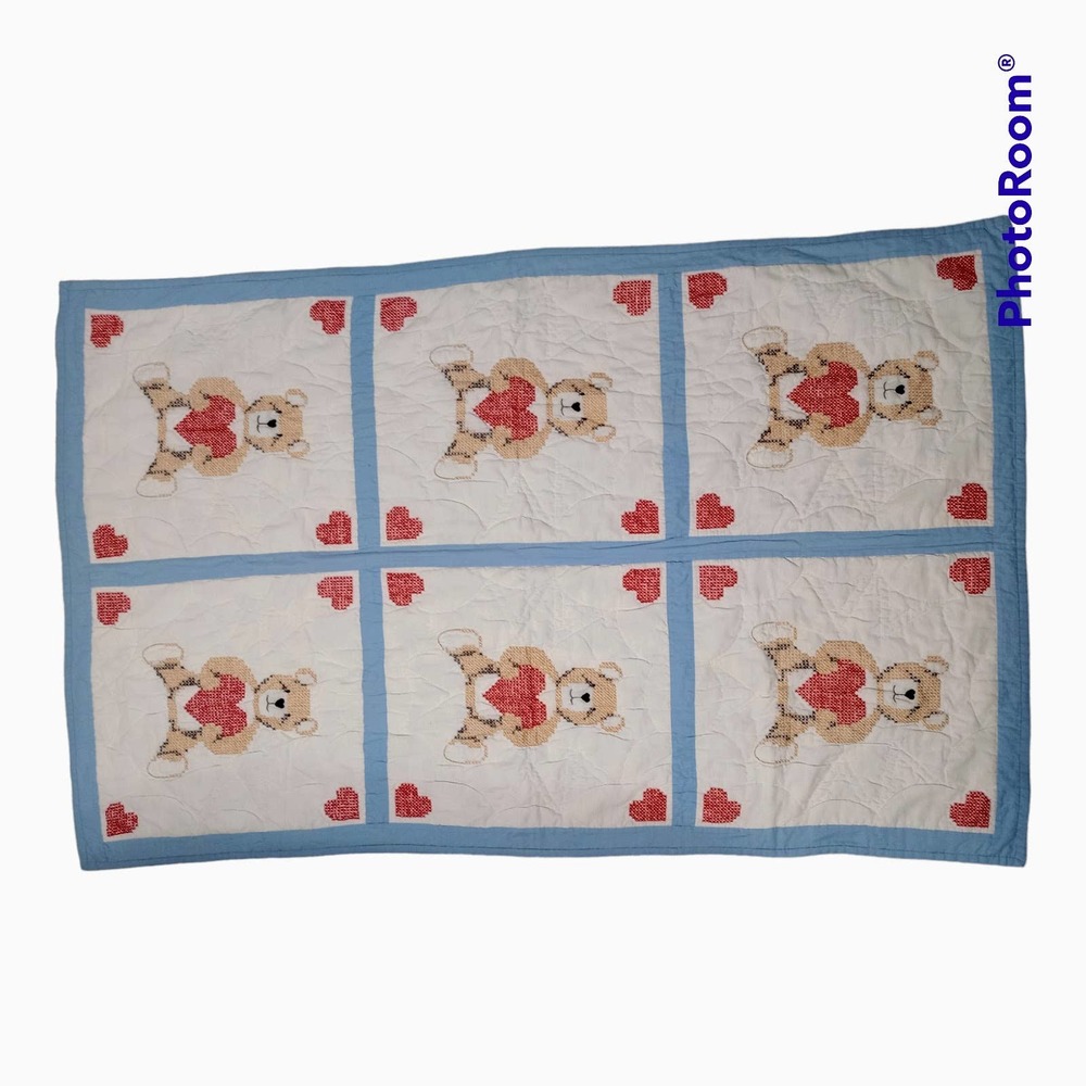 Handmade quilt cross stitch bear heart 56" X 36" crib baby vintage 1982 Riegel